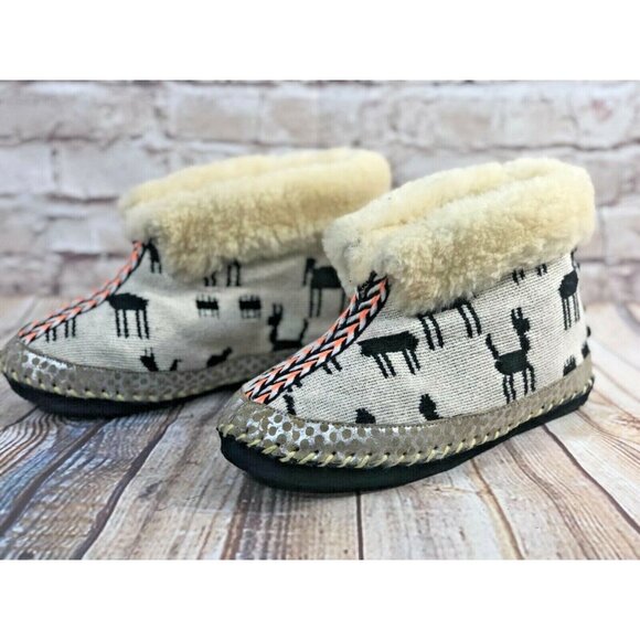 lamb fur lined woven booties sz 6‎ lama print boho suede bottom leather trim - Picture 5 of 11